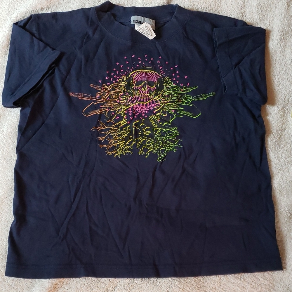 Navy Graphic T-Shirt with Neon Skull Design